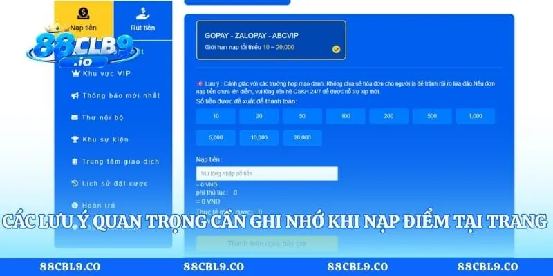 Các lưu ý quan trọng cần ghi nhớ khi nạp điểm tại trang game