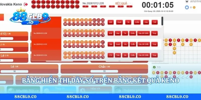 Bảng hiển thị dãy số trên bảng kết quả keno